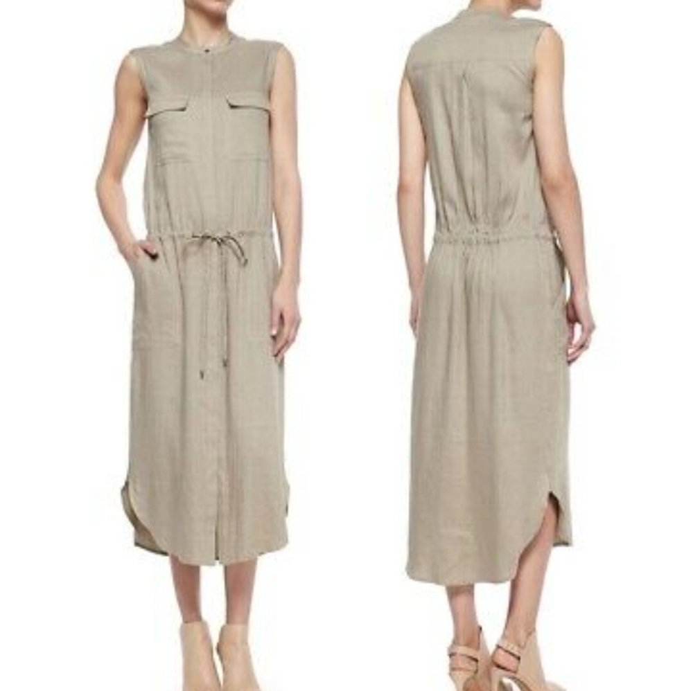 Vince Women's Khaki Linen Blend Cargo Button Down Shift Dress